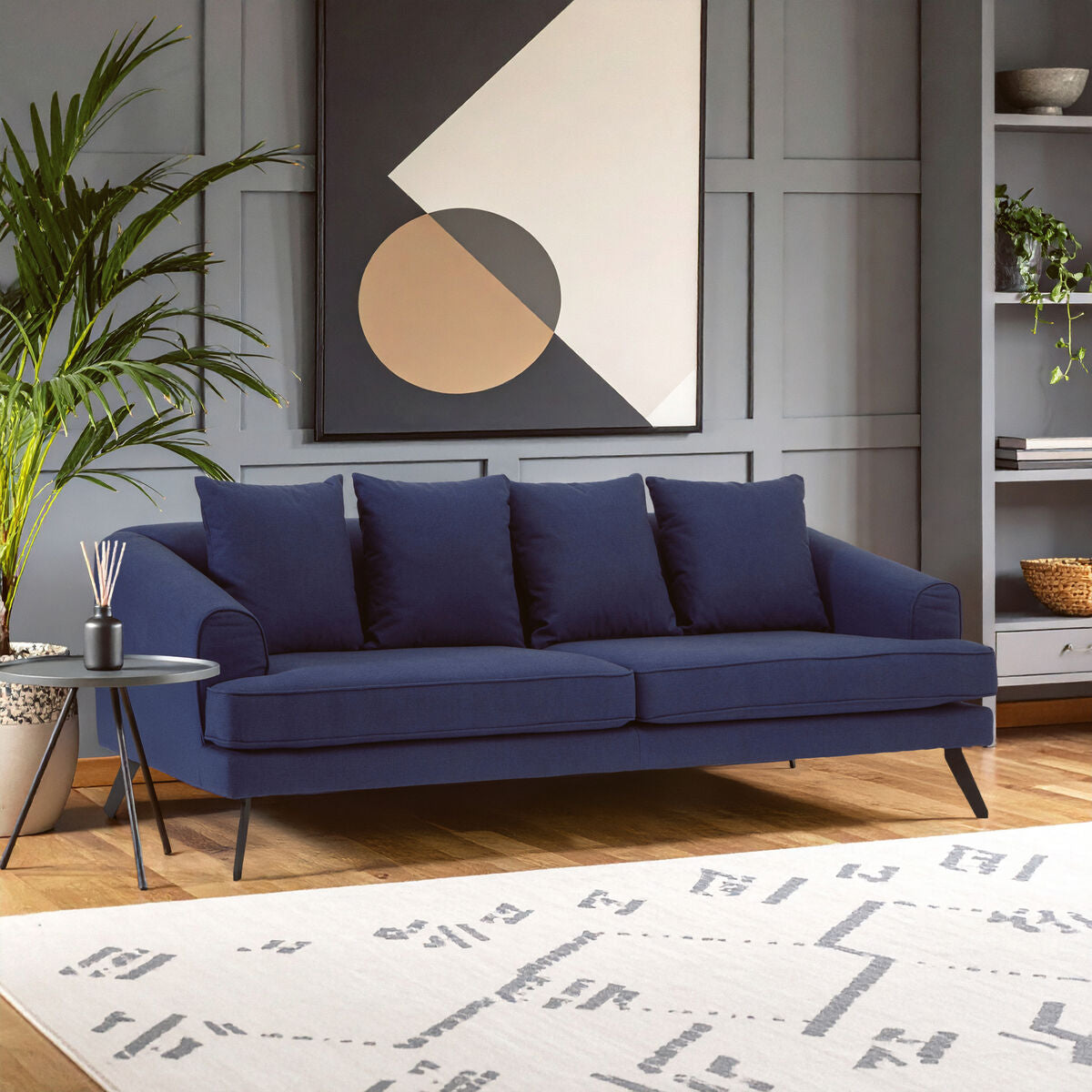 Orsina Mylo 3 Seater Navy Fabric Sofa in a modern living room – rich navy fabric couch with rounded arms, tailored cushions and black angled metal legs as a sophisticated room centrepiece