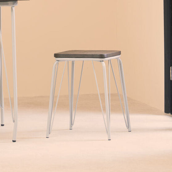Orsina District Small Wood Stool in grey metal and elm – compact industrial accent stool with matte grey metal frame and genuine elm wood seat with natural grain pattern
