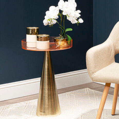 Orsina Martini Side Table – Pink Tinted Glass & Gold Conical Base – Sculptural Luxury for £149.95