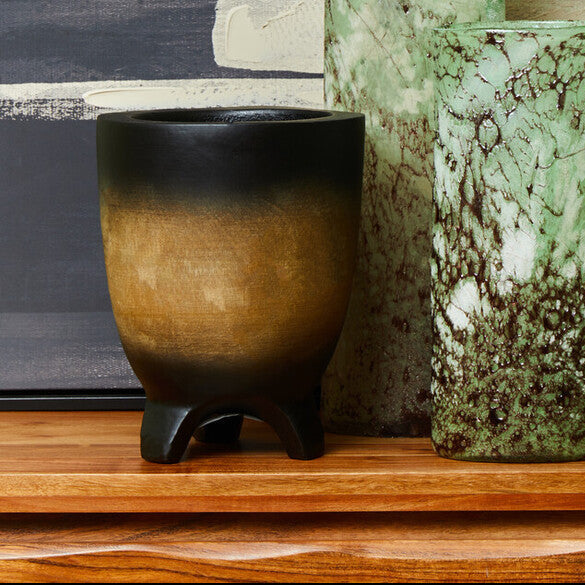 Orsina Arlo Small Wooden Planter in Black Ombre — hand-finished wooden pot with smooth black to natural wood grain ombre transition, styled on a shelf with greenery