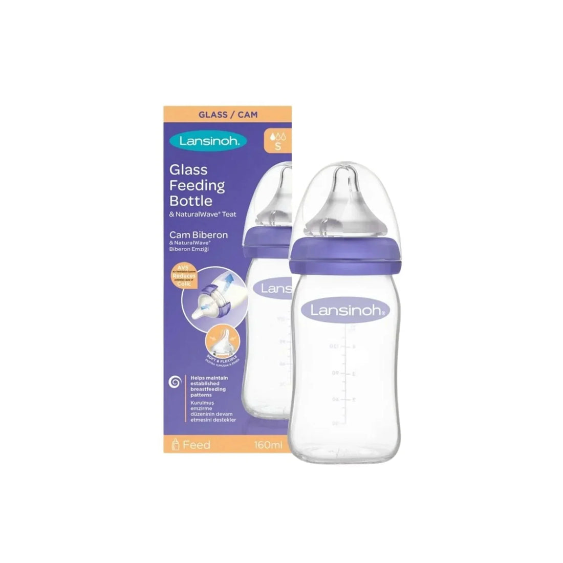 Lansinoh Glass Bottle 160ml standing upright on a white surface — showing the clear borosilicate glass body, NaturalWave teat and measurement markings
