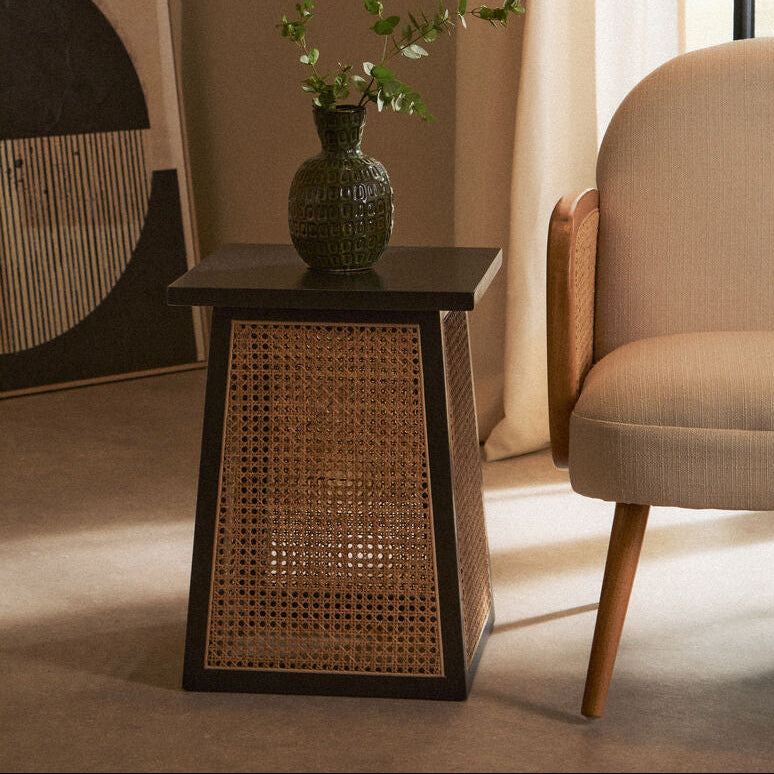 Dark Meets Light – Orsina Cebu Black Elm & Hand-Woven Cane Side Table for £178.95