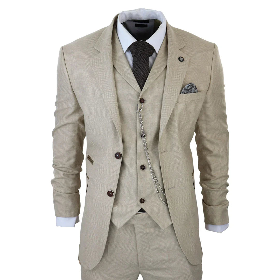AK-08 Men's 3 Piece Cream Prince of Wales Check Suit – tailored cream and beige checkered suit with waistcoat and trousers, styled for a vintage-themed wedding