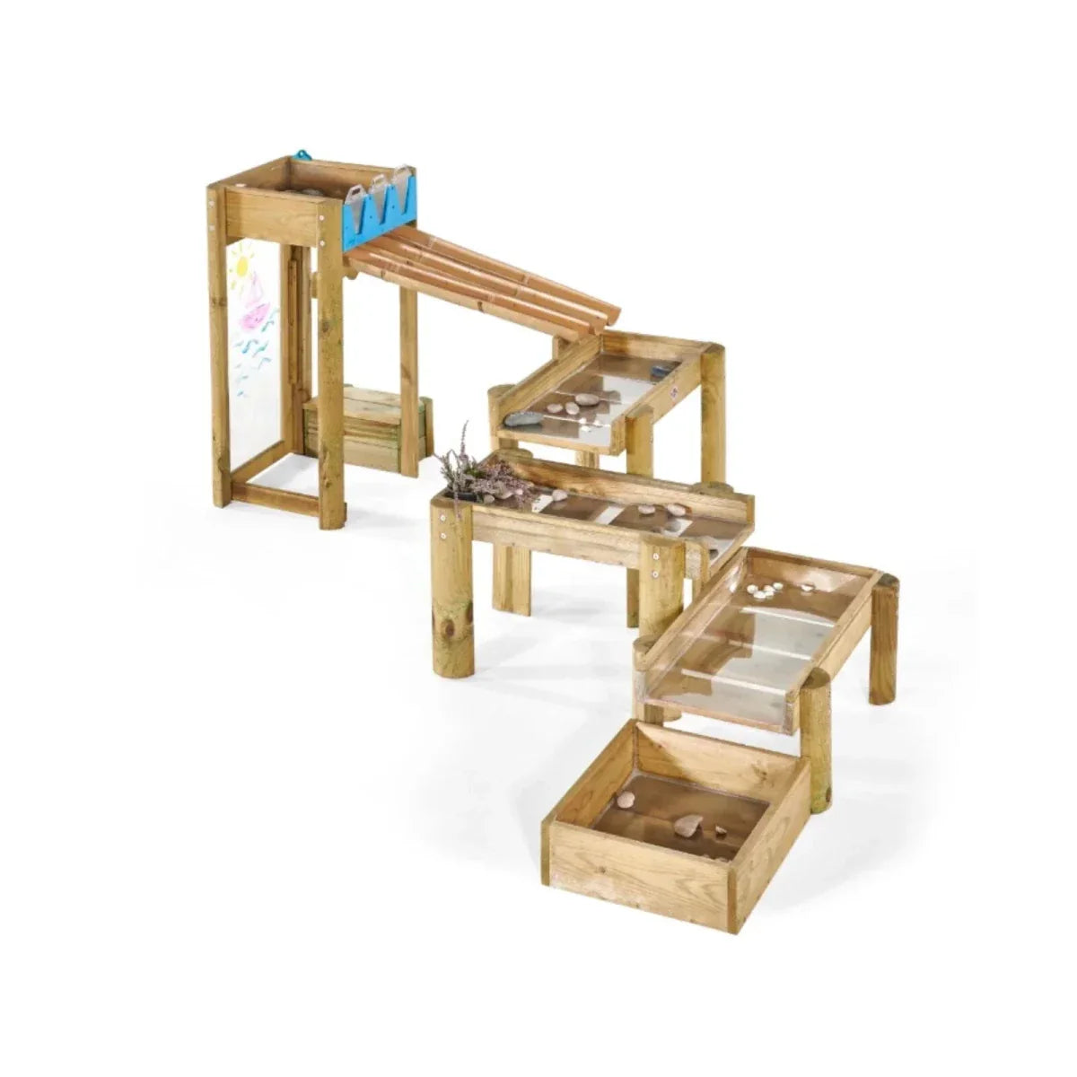 Plum Discovery Forest Water Run set up in a garden in full-length configuration showing the three-level bamboo water channels, five reservoirs and adjustable racing gates with children playing