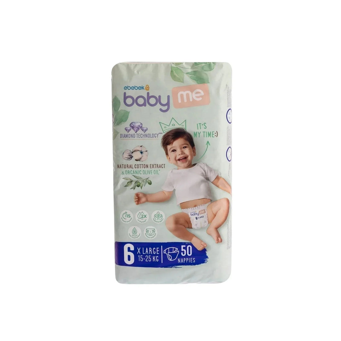 baby me XL Size 6 nappies 50 pack — Diamond Technology moisture absorption with natural cotton extract and organic olive oil, free from perfume alcohol latex BPA parabens SLES and SLS