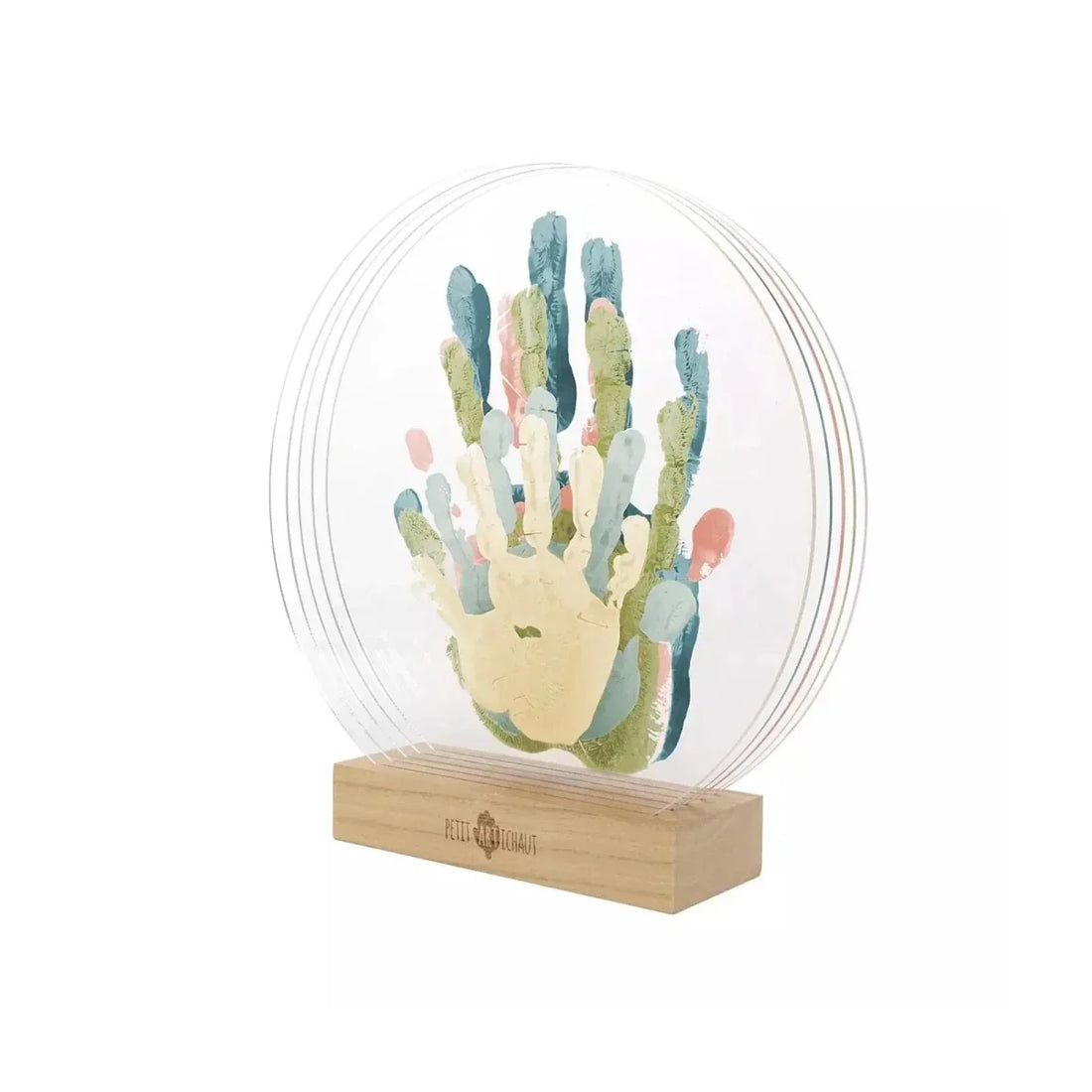 Petit Artichaut Family Colors Hand Print Kit – layered transparent plexiglass panels with colourful family handprints on wooden display base, baby-safe paints included