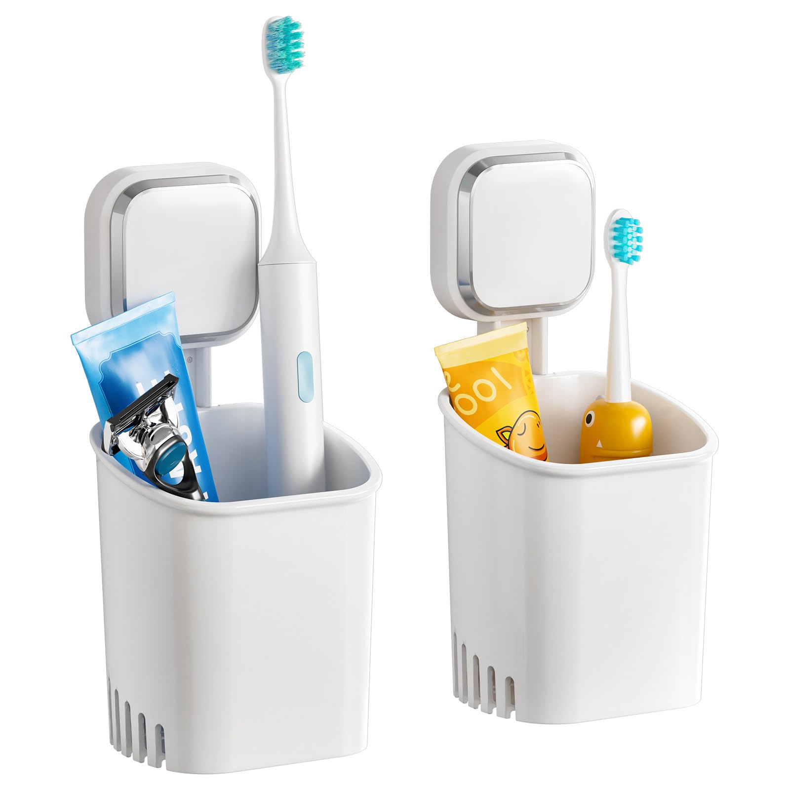 TAILI Suction Cup Toothbrush Holder 2-Pack in white mounted on bathroom tiles holding toothbrushes and razor