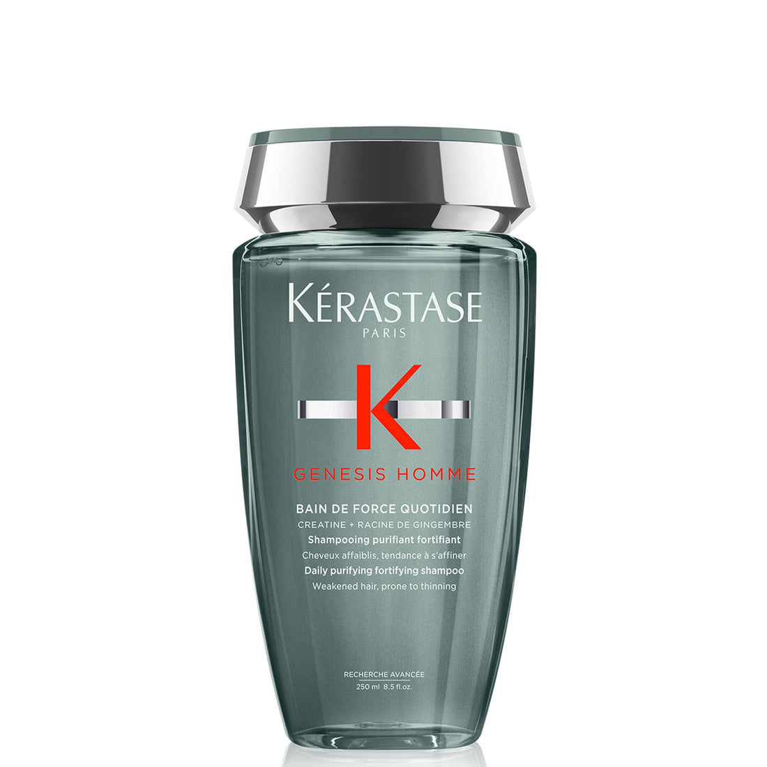 Kérastase Genesis Homme Bain de Force Quotidien Men's Shampoo 250ml bottle showing the premium hair strengthening formula with ginger root creatine and menthol