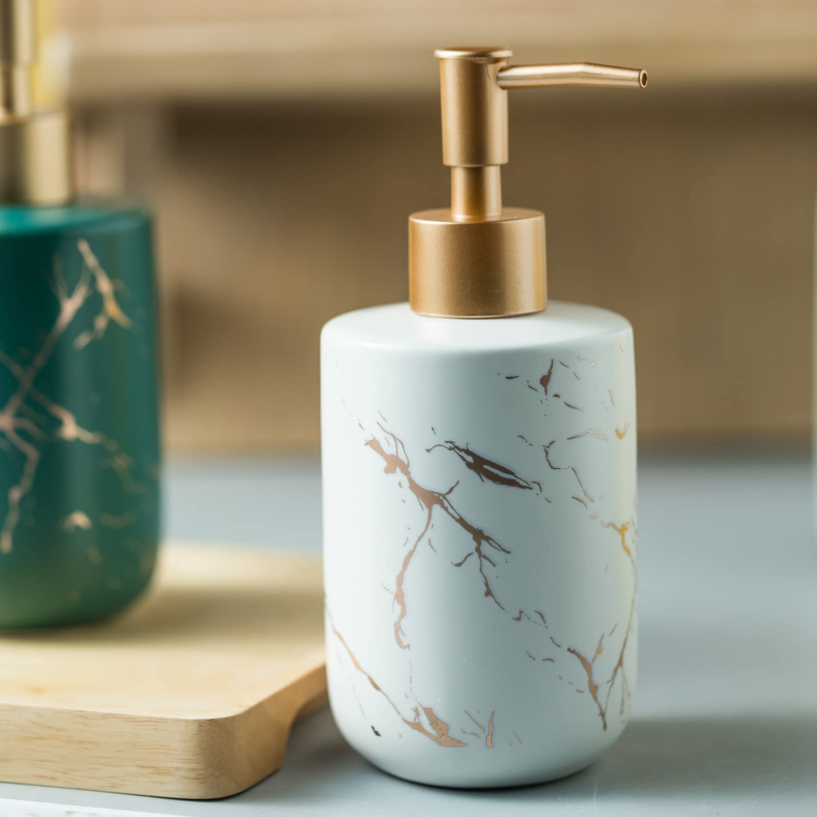 Ceramic Marble Soap Dispenser with Gold Pump - White, 300ML