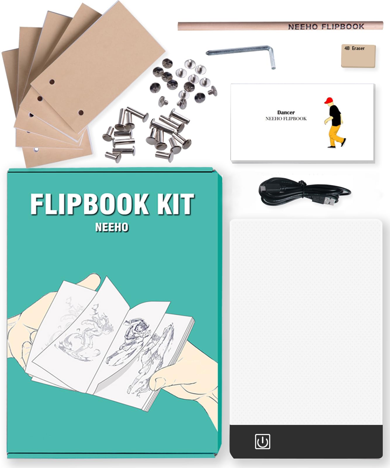 Neeho Flipbook Kit with A5 LED light pad, 300 pre-drilled sheets and binding screws for animation drawing and tracing