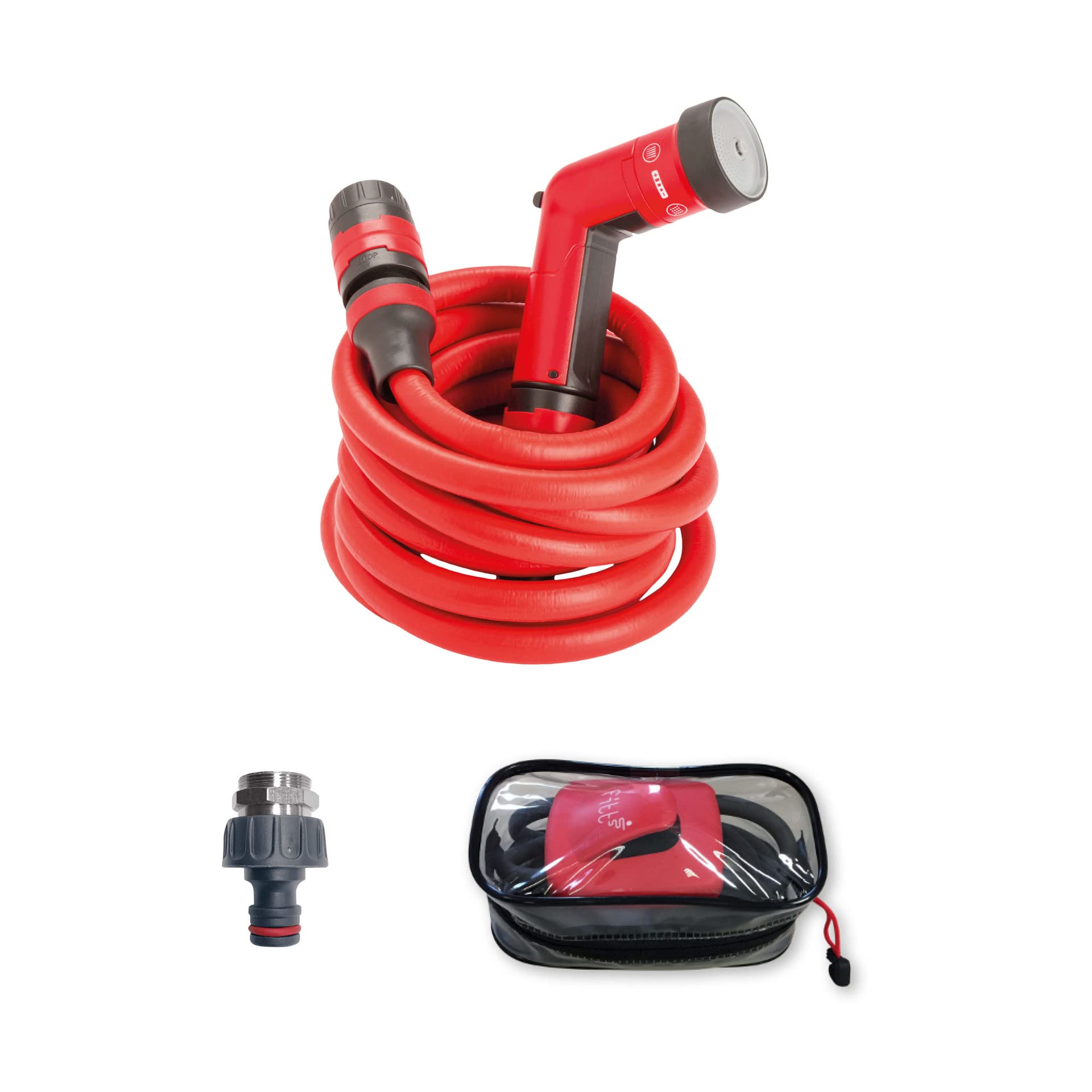 Fitt Yoyo Plus 10m extendable flexible garden hose with multi-jet spray gun, tap adapter and fence hook – red, certified for drinking water