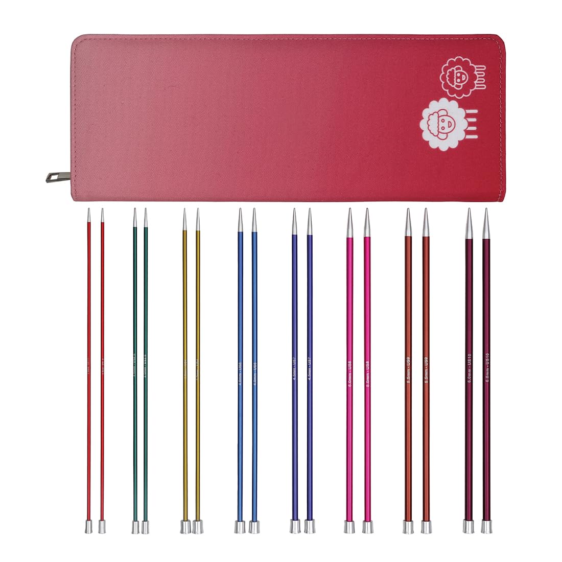 KnitPro Zing Single-Pointed Knitting Needle Set 8 pairs 30cm showing the colour-coded metal needles in sizes 2.50mm to 6.00mm in their storage case