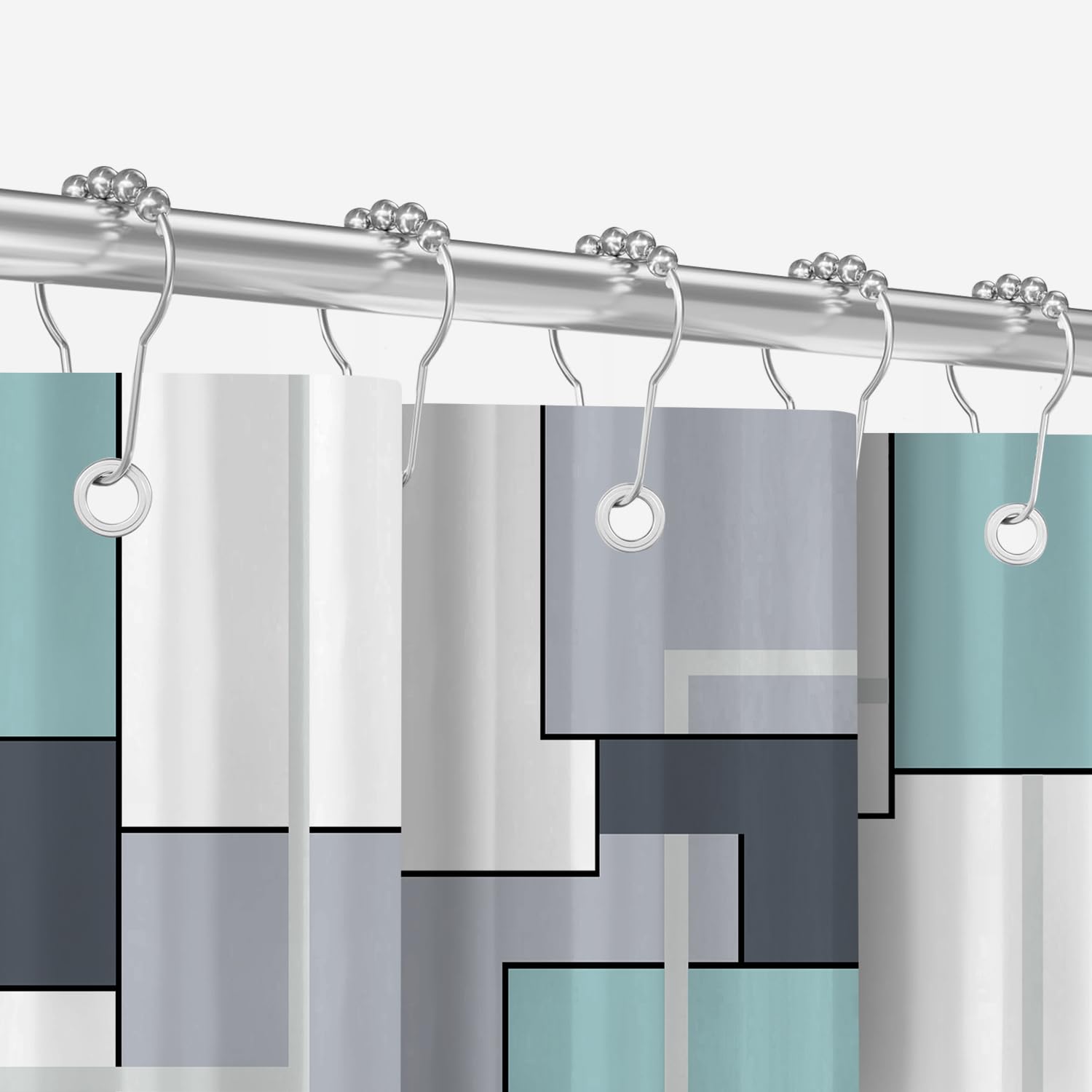 Shower curtain comparison from ALTOE — Croydex Splash, Lerores Teal Squares, and Eucalyptus Botanical
