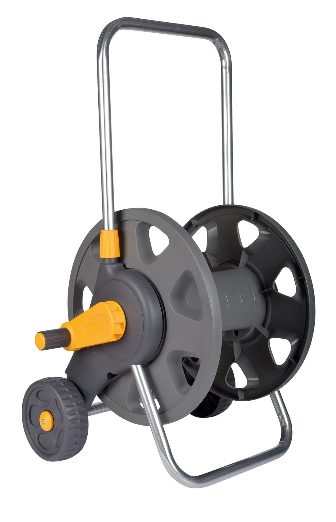 Hozelock 60m wheeled hose cart reel freestanding garden storage reinforced axis integrated handle 2 fittings