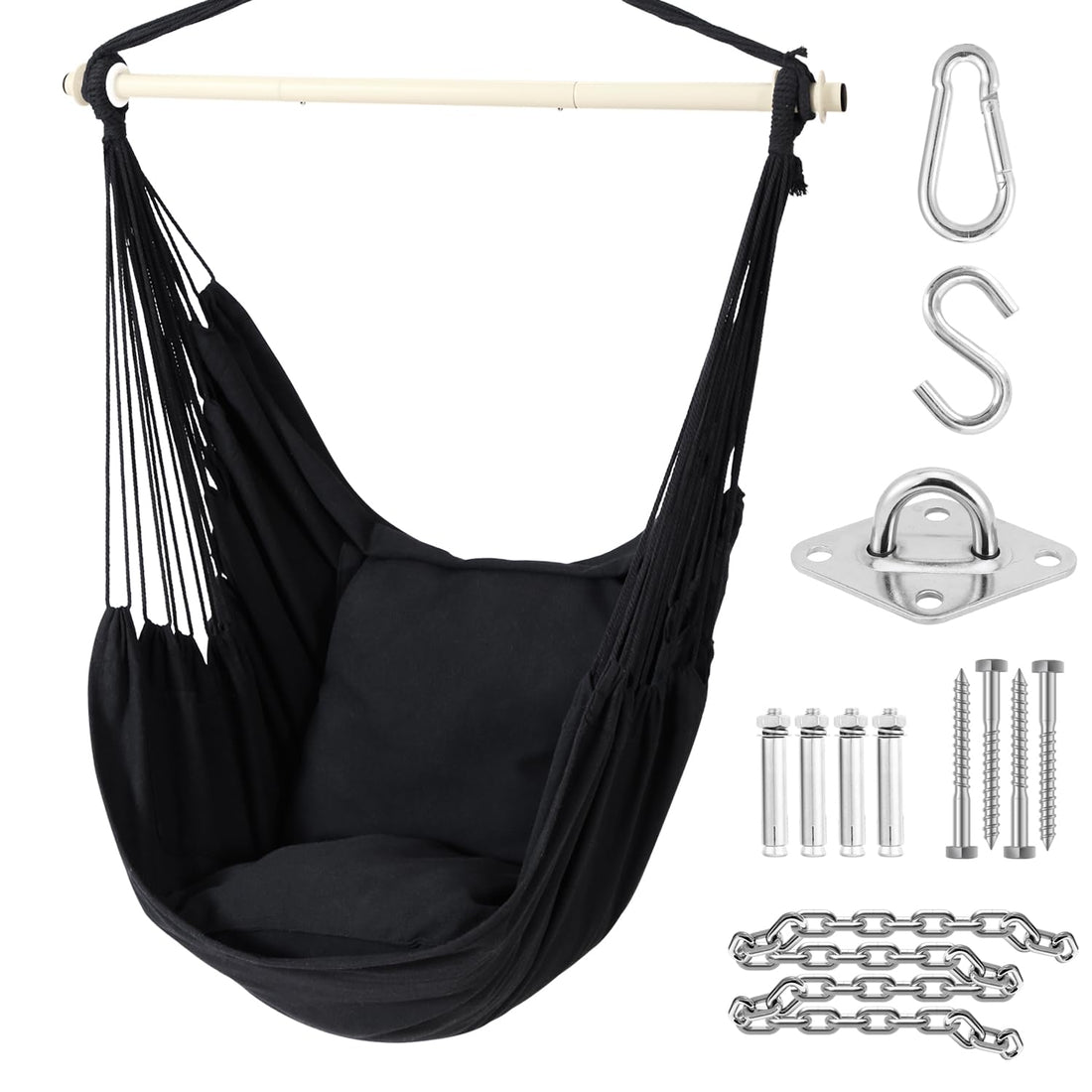 Ohuhu XL hanging hammock chair 2 cushions 99cm iron rod 150kg capacity indoor outdoor side pocket