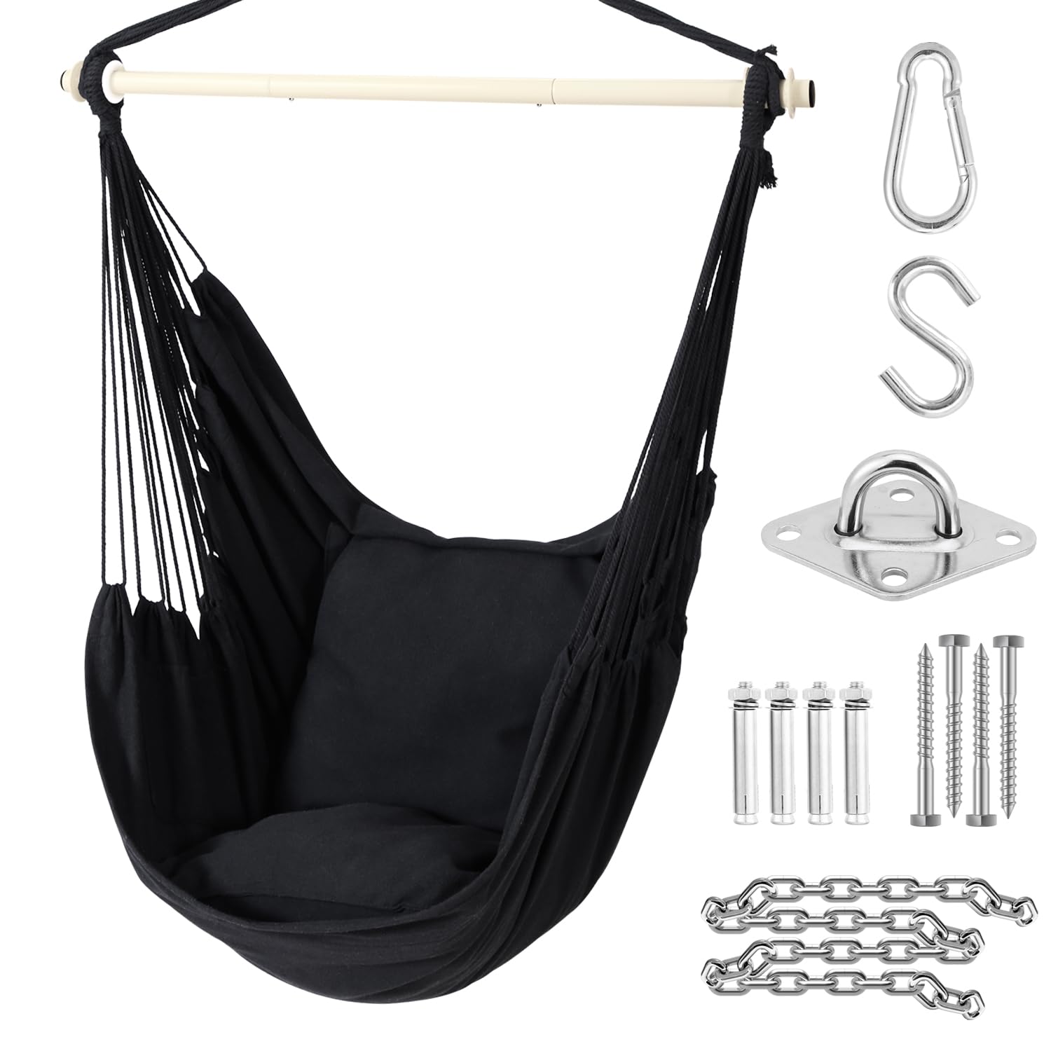 Ohuhu XL hanging hammock chair 2 cushions 99cm iron rod 150kg capacity indoor outdoor side pocket