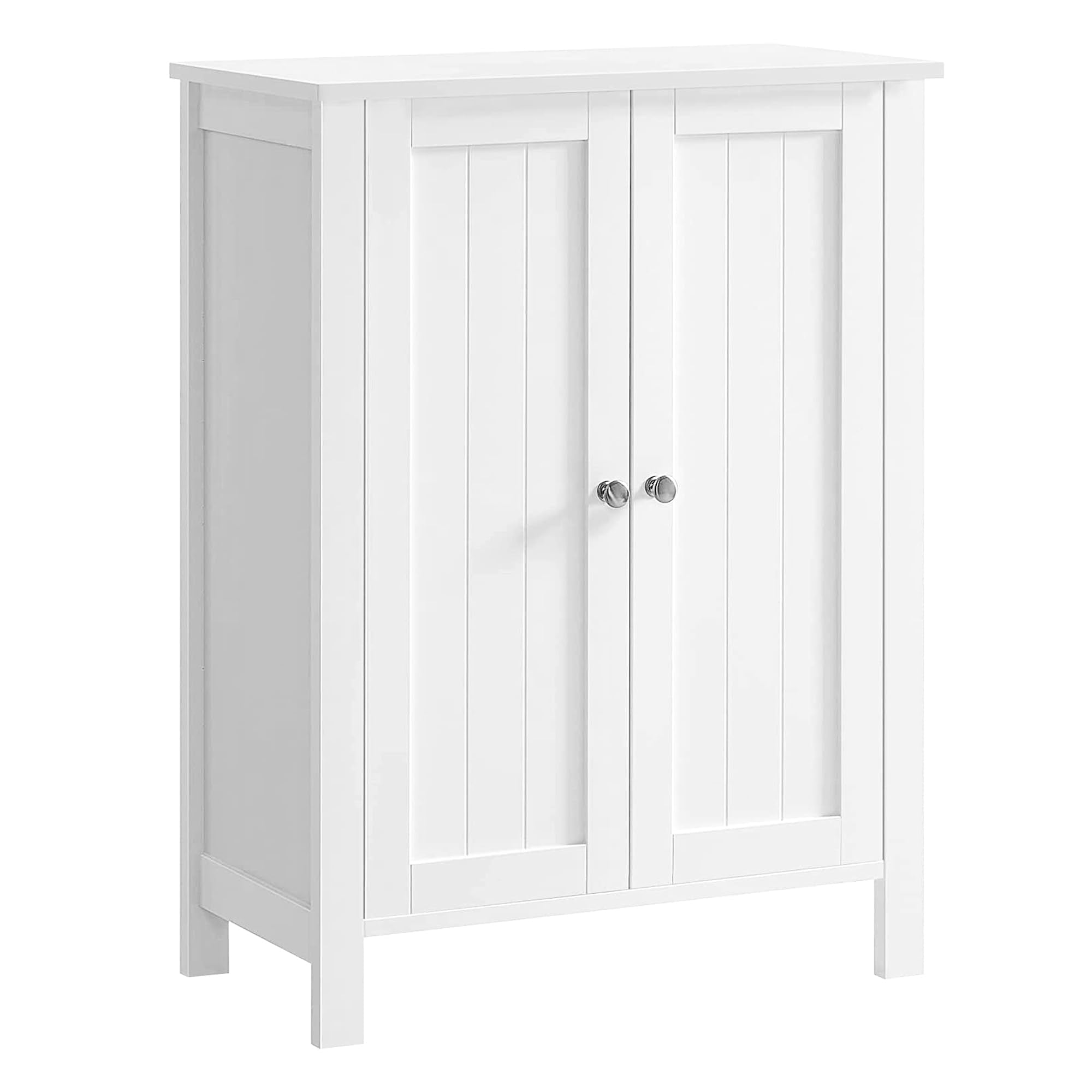 VASAGLE Freestanding Bathroom Floor Storage Cabinet in white with beadboard-style doors and silver knobs standing in a bathroom corner