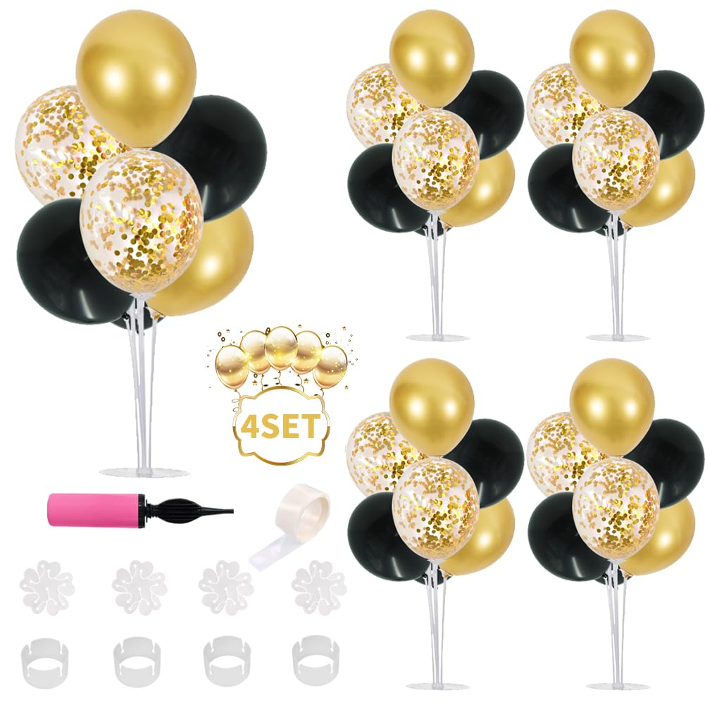 Balloon stand kit 4 sets with 32 black and gold confetti latex balloons for birthday graduation NYE table centrepieces