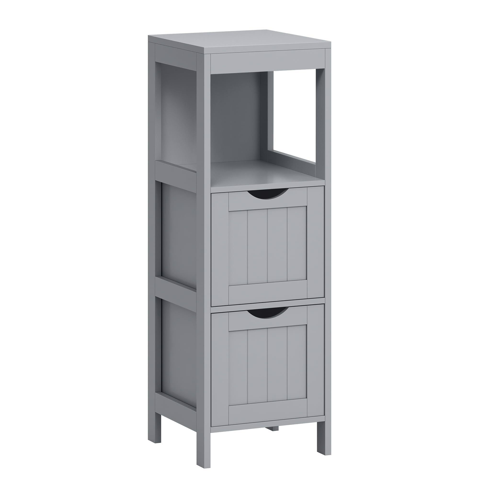 VASAGLE Slim Bathroom Floor Cabinet in grey showing the freestanding 30x30x89cm storage unit with 2 removable drawers and open compartment in a modern bathroom setting