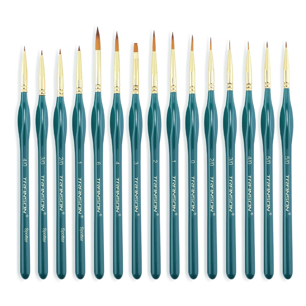 Transon 15-Piece Fine Detail Miniature Paint Brush Set laid out showing full range from 5/0 to size 6 with polished ergonomic handles