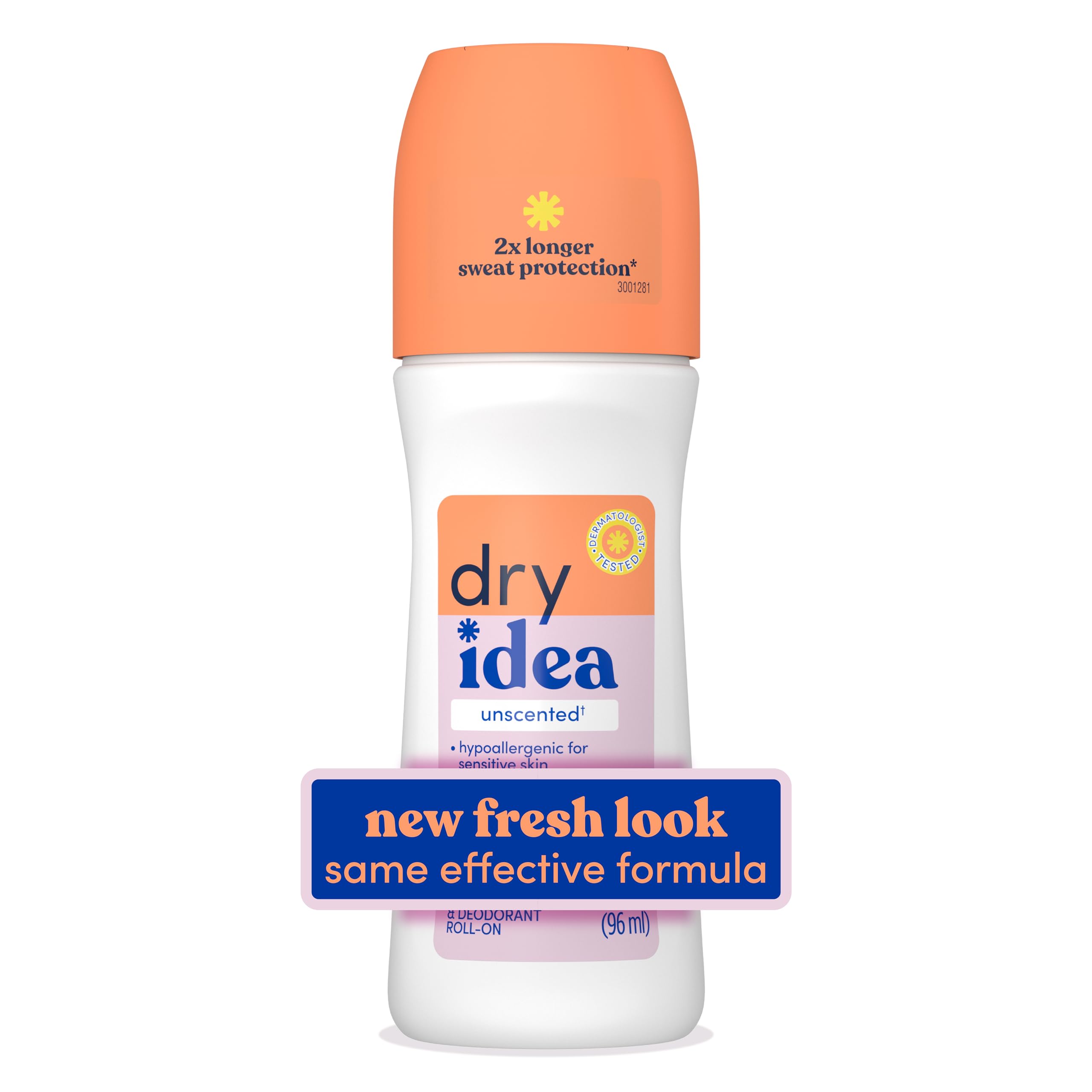 Dry Idea Unscented Roll-On Anti-Perspirant Deodorant 95ml bottle in white showing the Advanced Dry hypoallergenic formula for sensitive skin