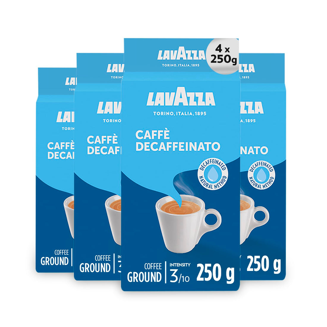 Lavazza Dek Decaffeinated Ground Coffee Natural Method 250g pack of 4 bags shown on a kitchen counter, the distinctive Lavazza packaging with Dek branding