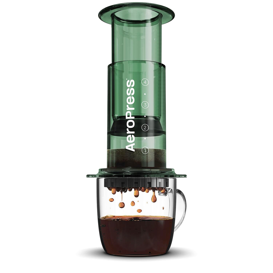 AeroPress Clear Coffee Press in shatterproof Tritan — 3-in-1 brewer combining French press, pour-over and espresso methods for smooth grit-free coffee, shown assembled and ready to brew