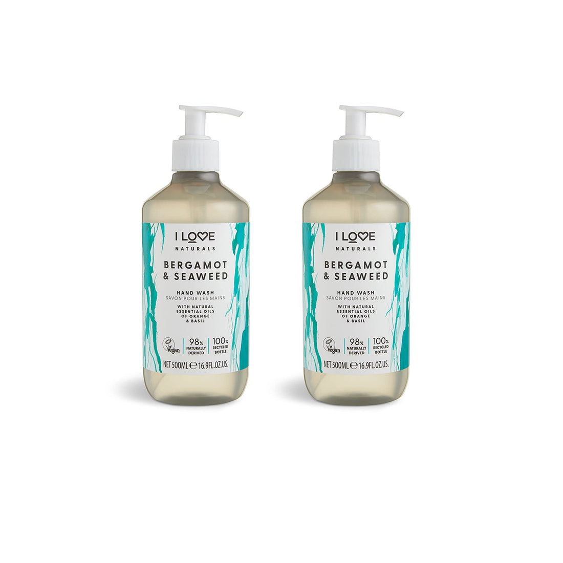 I Love Naturals Bergamot and Seaweed Hand Wash 2 x 500ml — vegan and cruelty-free natural hand wash with over 90% naturally derived ingredients, bergamot seaweed orange and basil essential oils
