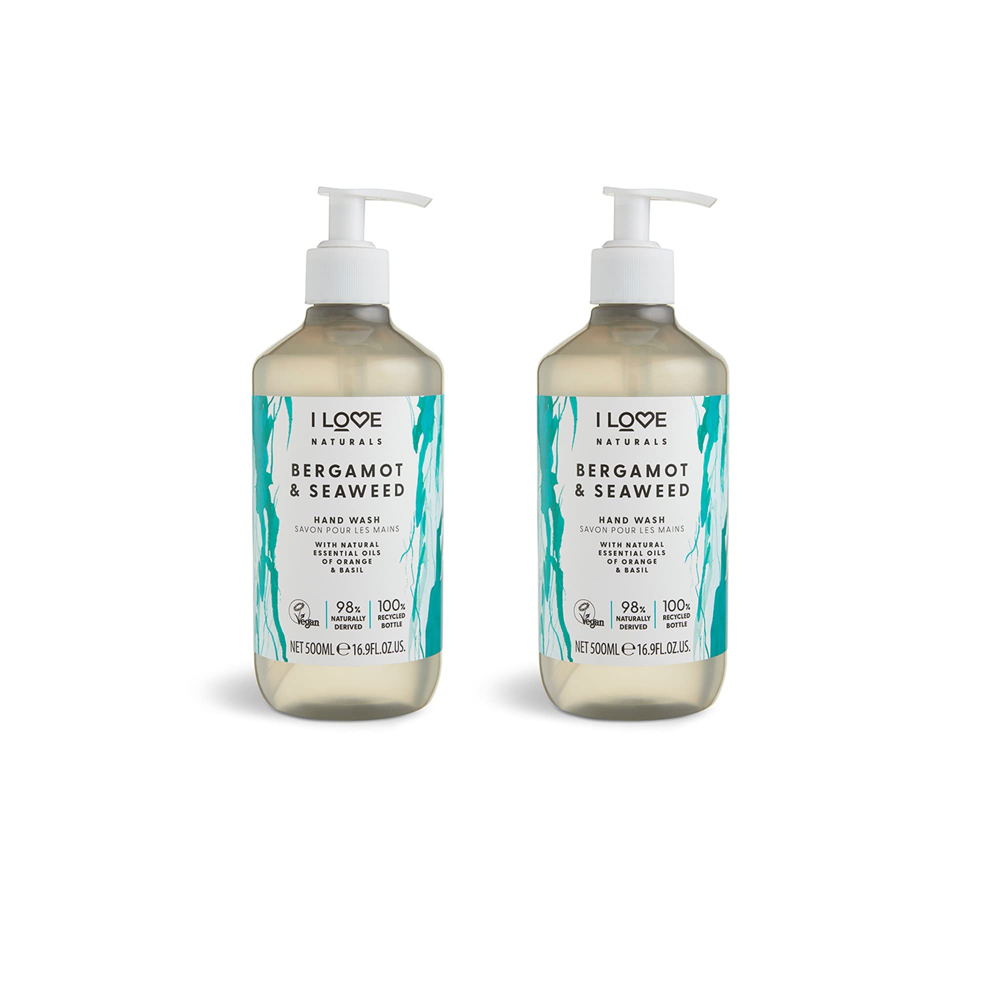 I Love Naturals Bergamot and Seaweed Hand Wash 2 x 500ml — vegan and cruelty-free natural hand wash with over 90% naturally derived ingredients, bergamot seaweed orange and basil essential oils