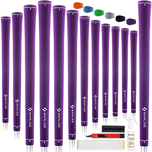 SAPLIZE Rubber Golf Grips 13-Piece Set in Purple – complete regripping kit with grip tape, solvent, vise clamp and hook blade for DIY club maintenance