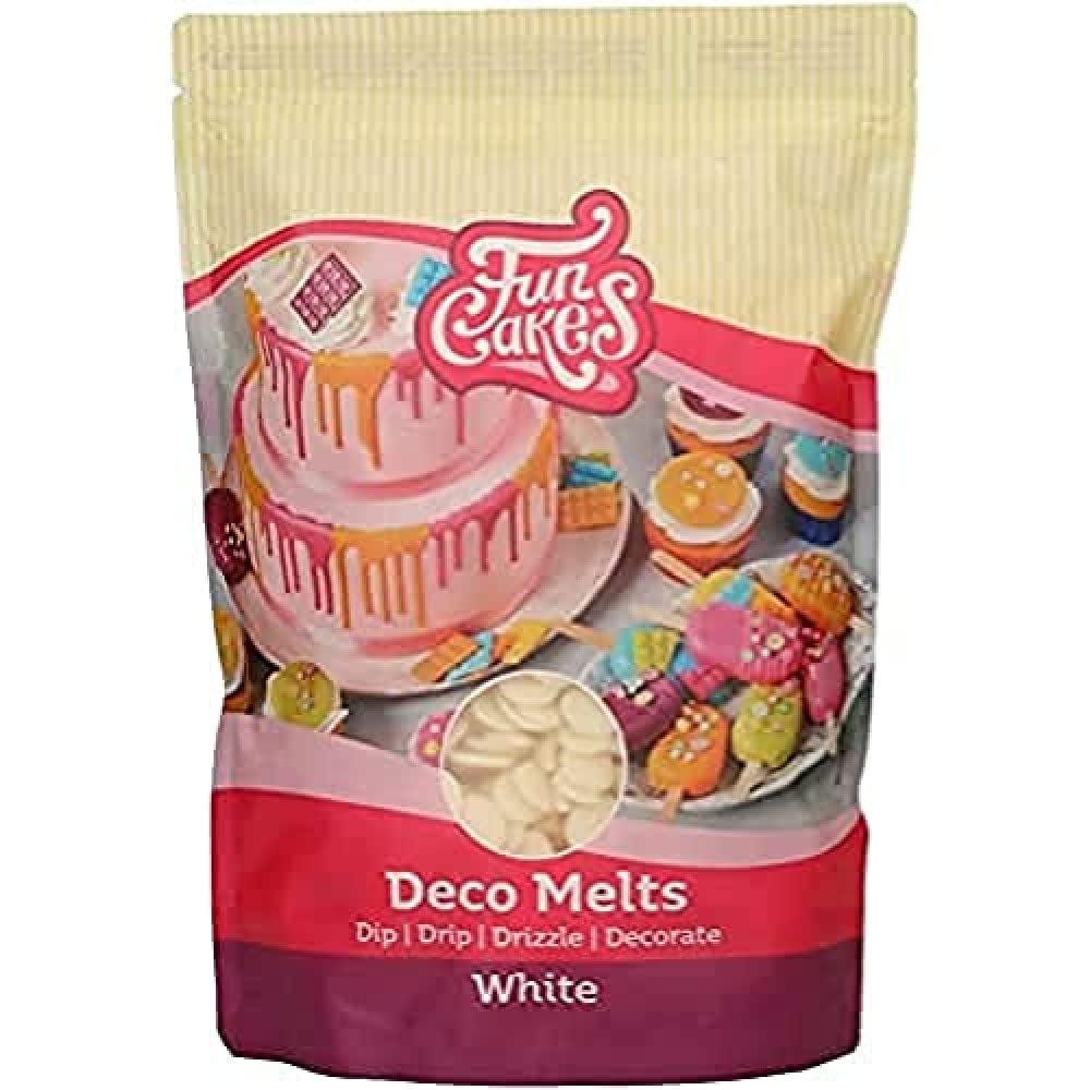 FunCakes Deco Melts White creamy candy melts bag showing the versatile baking ingredient for drip cakes lollipops cupcake toppers and cake decorating that melts in the microwave