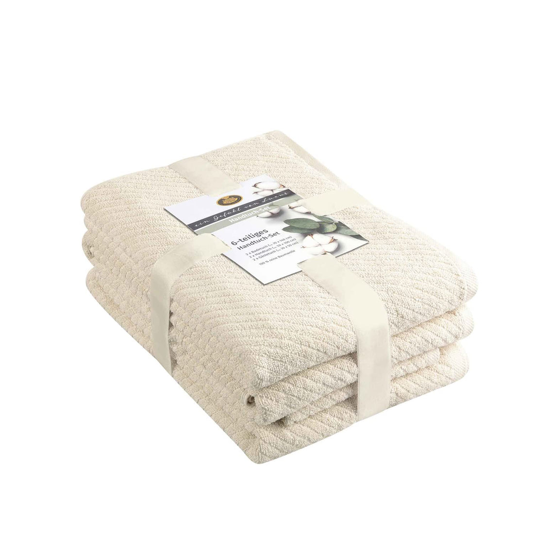 Gözze 6-Piece Cotton Towel Set in cream showing all six towels including two bath towels two hand towels and two guest towels arranged together displaying the high-low terry structure and 480gsm density