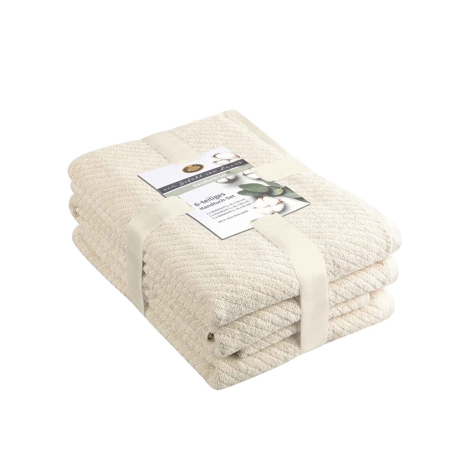 Gözze 6-Piece Cotton Towel Set in cream showing all six towels including two bath towels two hand towels and two guest towels arranged together displaying the high-low terry structure and 480gsm density