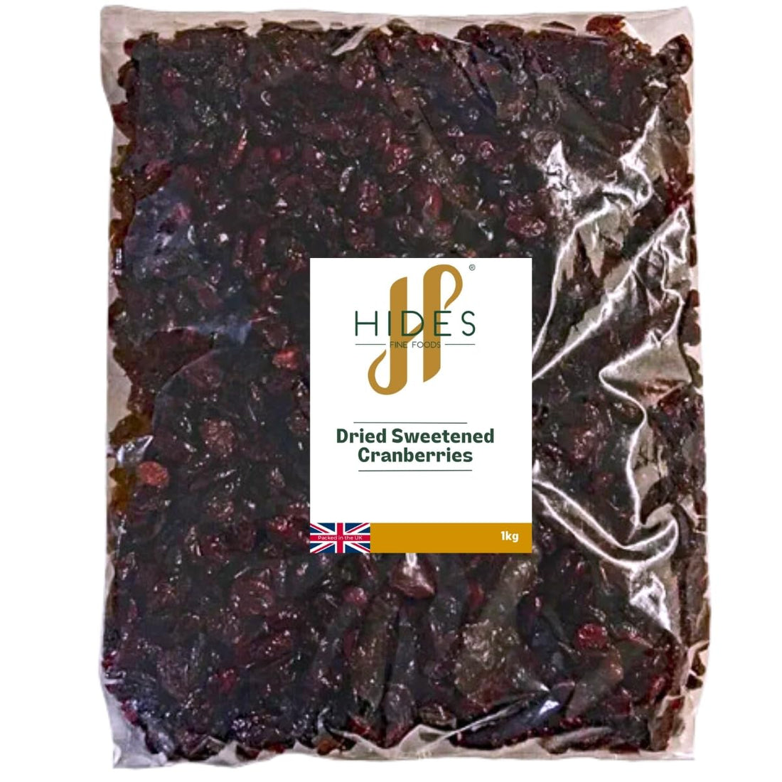 Hides Fine Foods Dried Sweetened Cranberries 1kg bulk bag showing the premium quality dried cranberries suitable for baking, granola, snacking and desserts