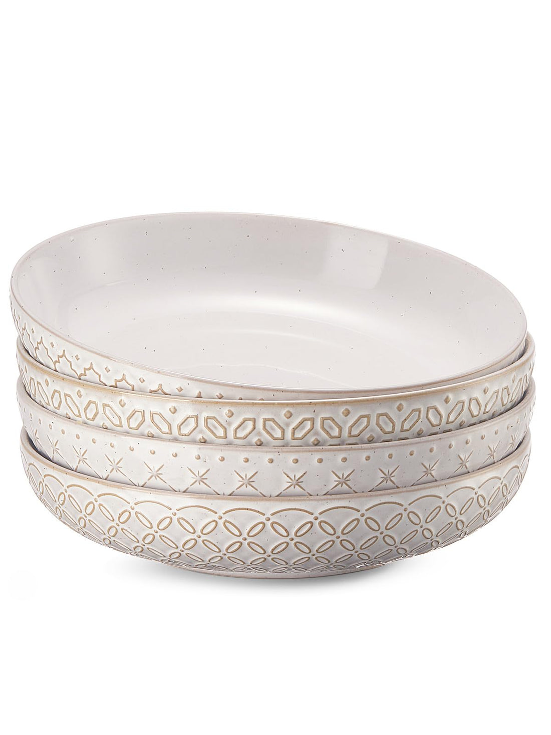 Pasta Bowls Set of 4 – 1020ml embossed stoneware shallow bowls in farmhouse style, shown stacked on a kitchen worktop