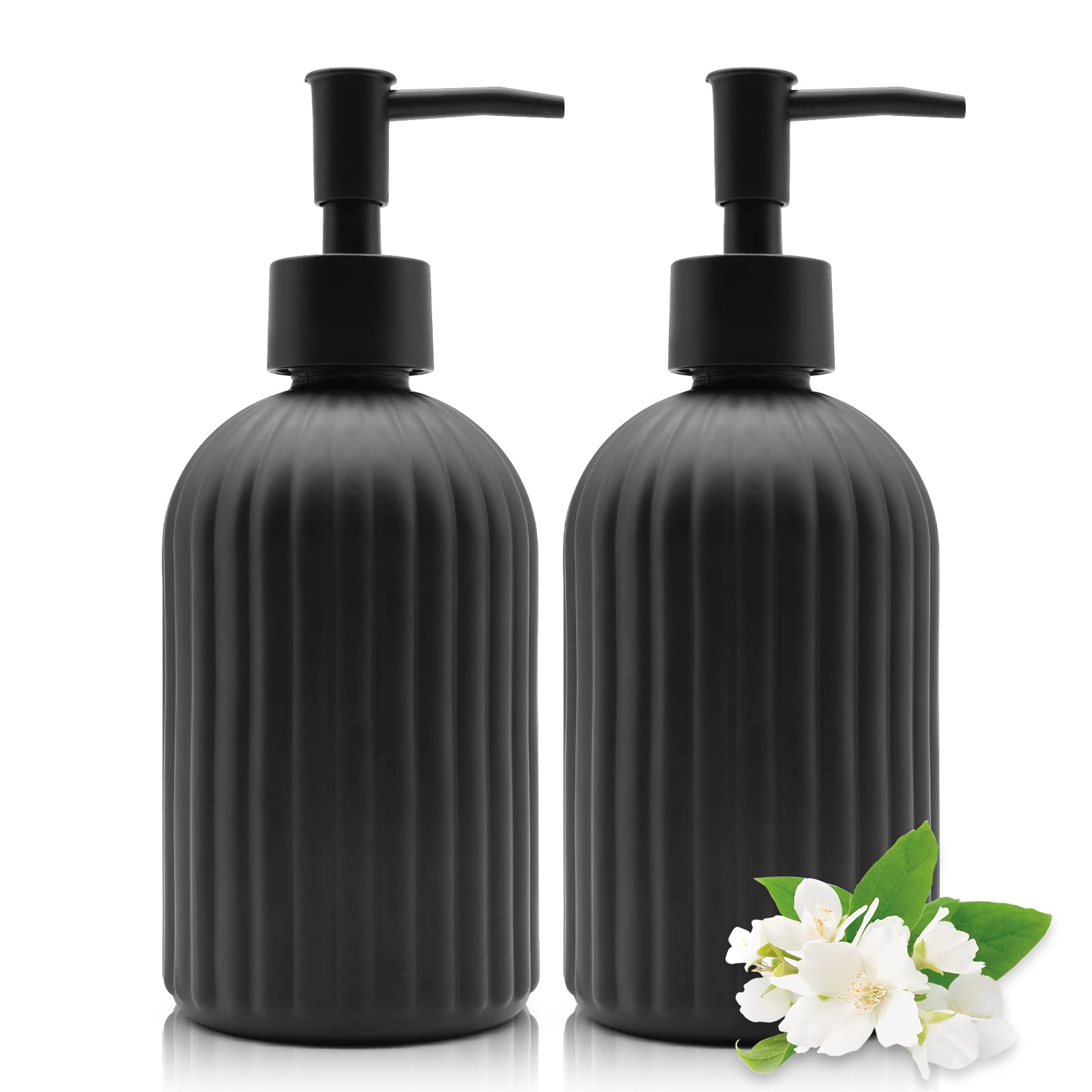2-Pack Glass Soap Dispenser Set with 14oz refillable black pump — textured non-slip thick glass bottles with rust-resistant black plastic pump, shown as a pair on a bathroom countertop