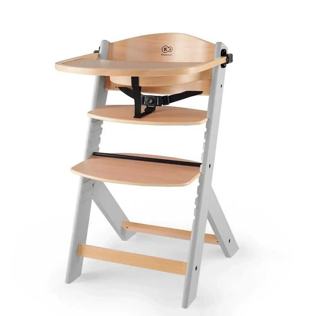 Kinderkraft Enock Wooden Highchair in Wooden Grey positioned at a kitchen table in a bright Scandinavian-style dining room