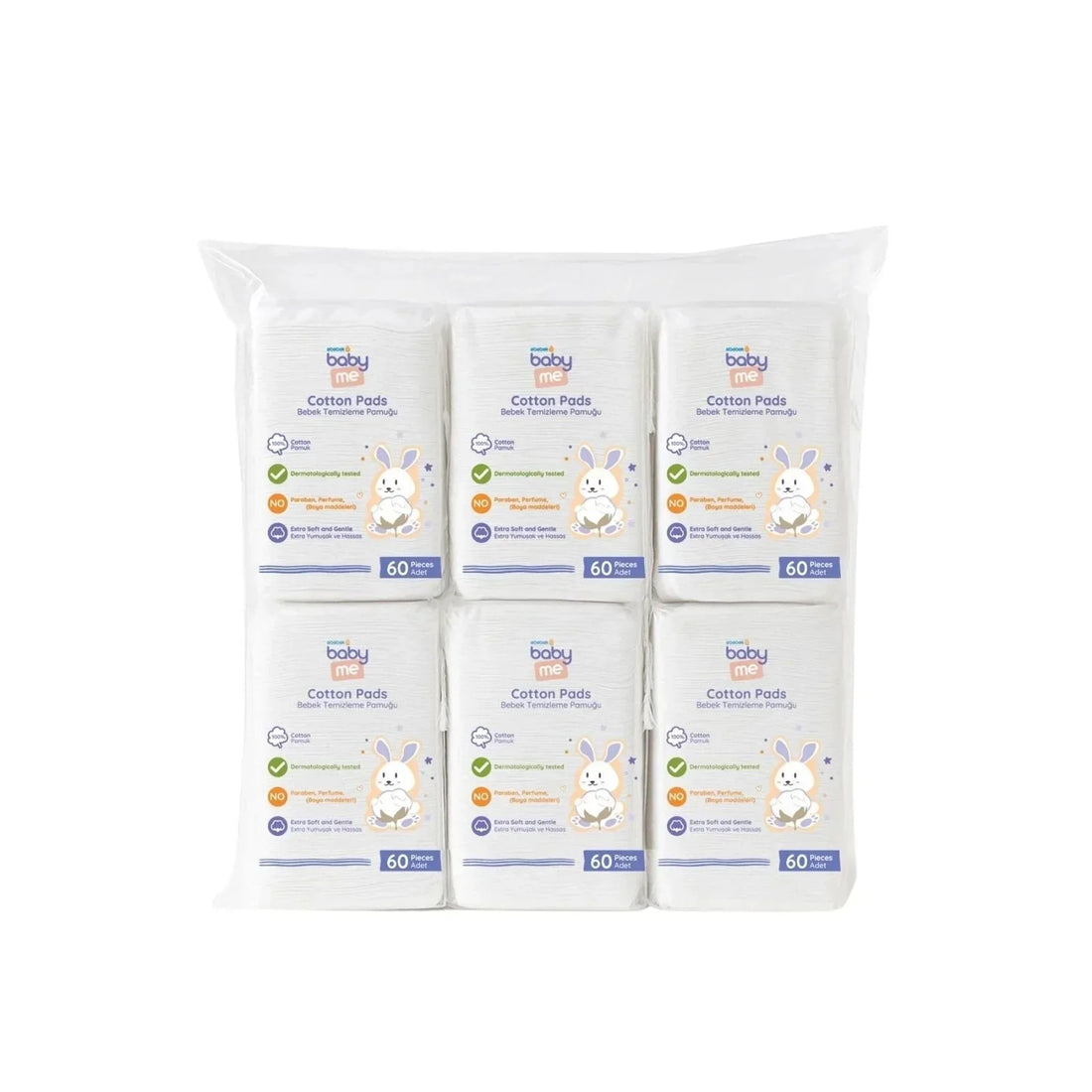baby me Baby Cleaning Cotton Pads 6x60 pcs — 100% pure cotton anti-allergic pads in 90x100mm size, dermatologically tested for newborn skin cleansing from 0 months