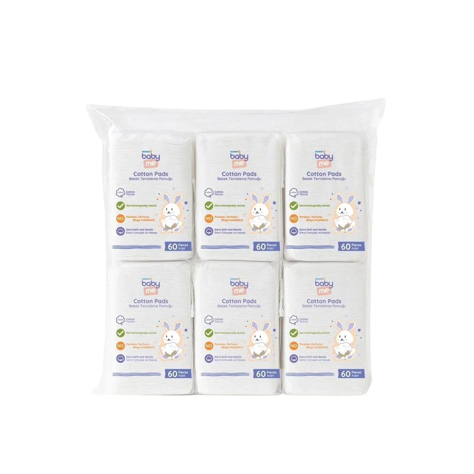 baby me Baby Cleaning Cotton Pads 6x60 pcs — 100% pure cotton anti-allergic pads in 90x100mm size, dermatologically tested for newborn skin cleansing from 0 months