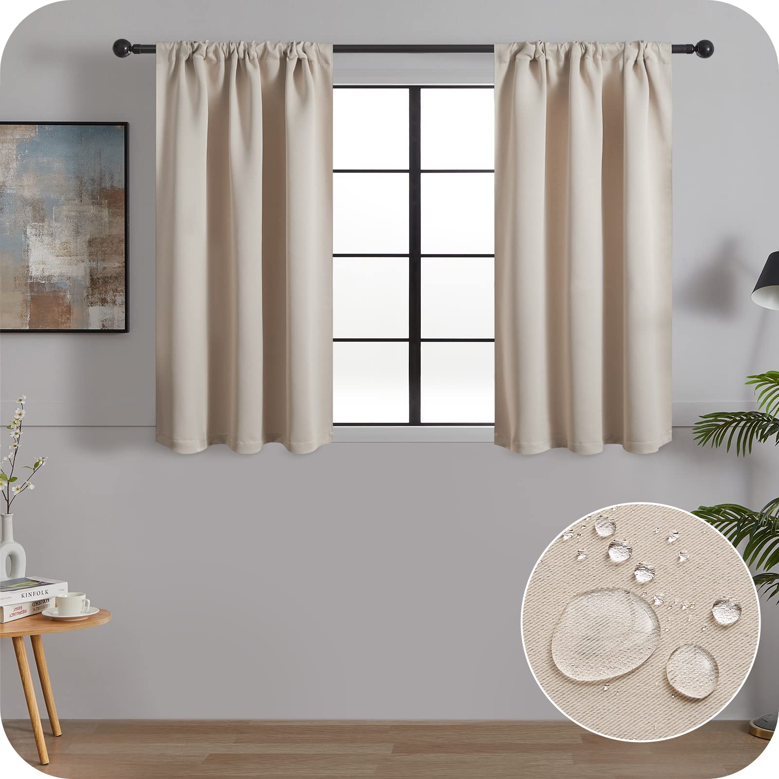 MRTREES Beige Waterproof Blackout Kitchen Curtains hanging in a bright modern kitchen window, 2 panels, 30x24 inch