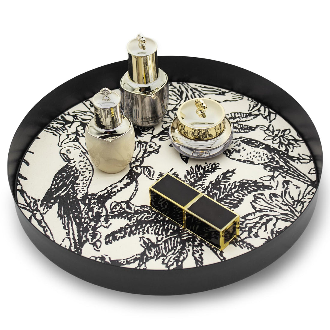 Harliangxy 25cm round metal cosmetic tray with removable jungle-patterned leather cushion for makeup perfume desk organisation