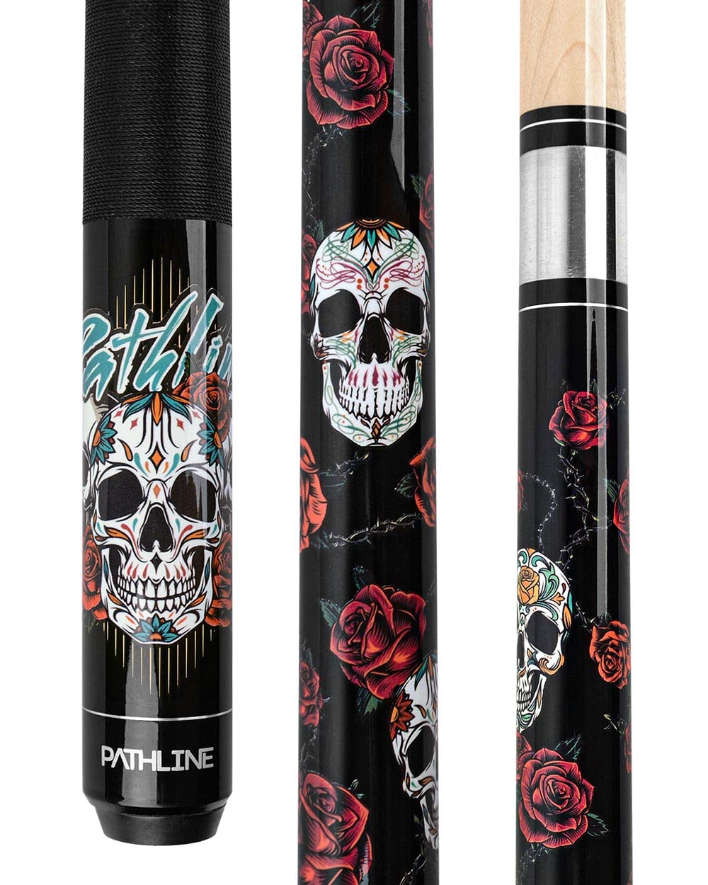 Pathline PL518 pool cue stick 58 inch Canadian maple skull and roses design 19oz billiard cue