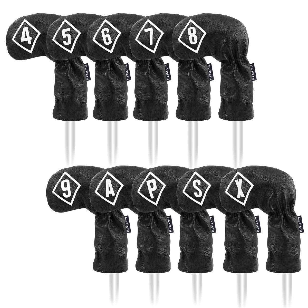 Big Teeth Golf Iron Head Covers 10-piece set in black PU leather — the complete club protector set covering irons 4 through 9 plus P, A, S and X that transformed how Stuart Mackenzie cares for his golf clubs