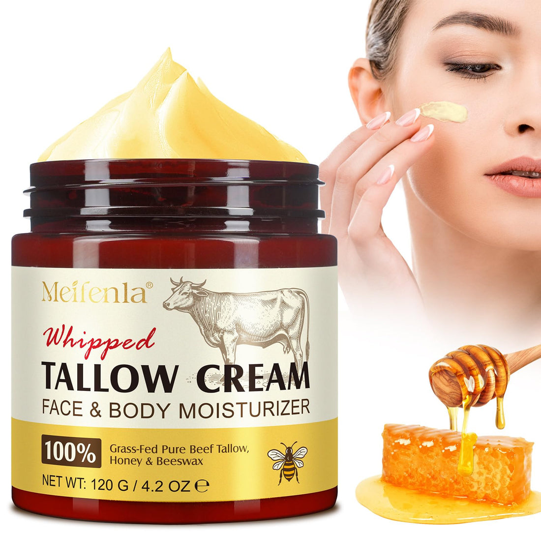 Meifenla Beef Tallow and Honey Cream organic natural face and body moisturizer with vitamins A D E K B12