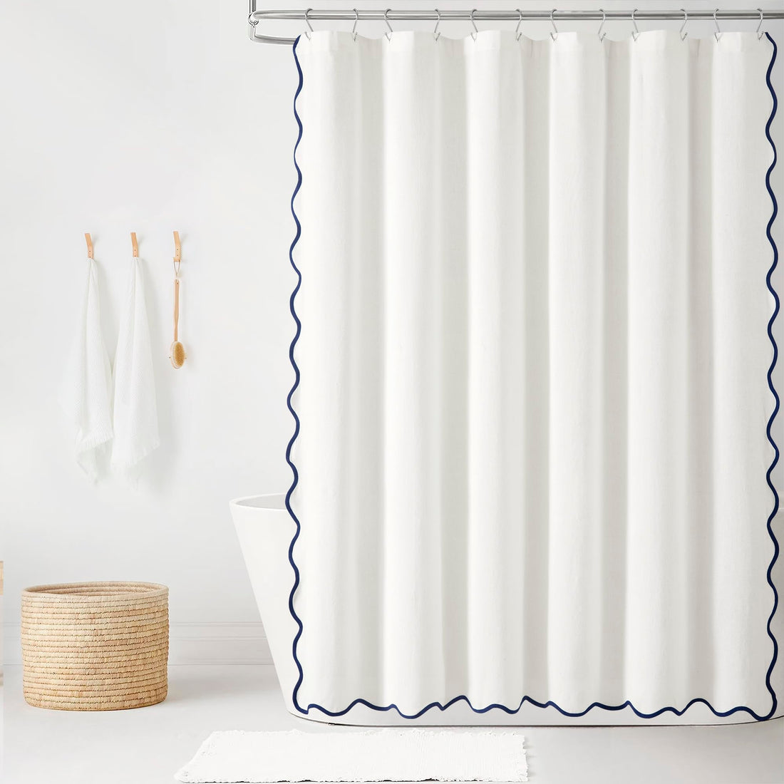 Lush Decor Scallop Edge Linen Textured Shower Curtain in navy and white 72x72 showing the coastal chic scalloped hem design and linen texture cotton fabric blend