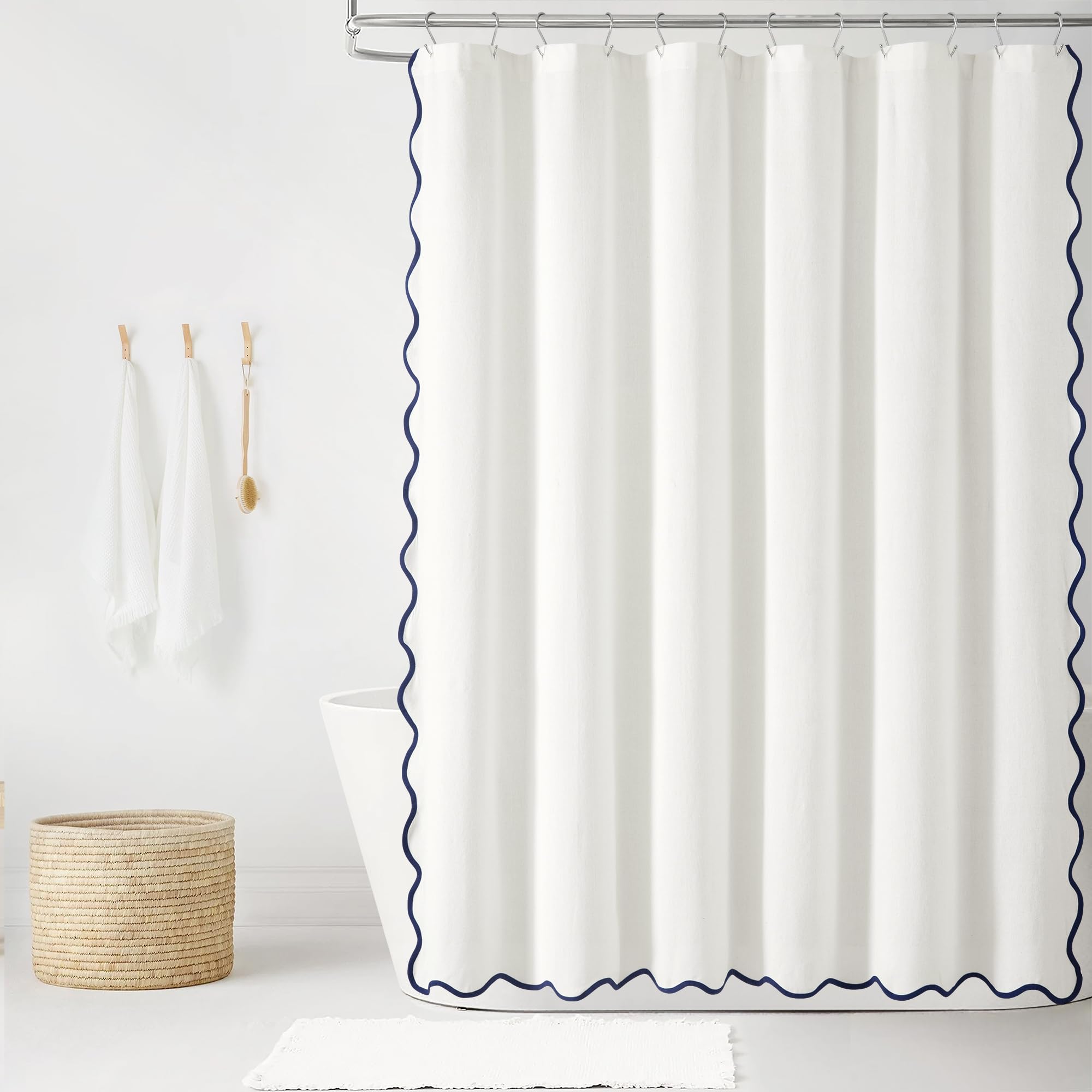Lush Decor Scallop Edge Linen Textured Shower Curtain in navy and white 72x72 showing the coastal chic scalloped hem design and linen texture cotton fabric blend