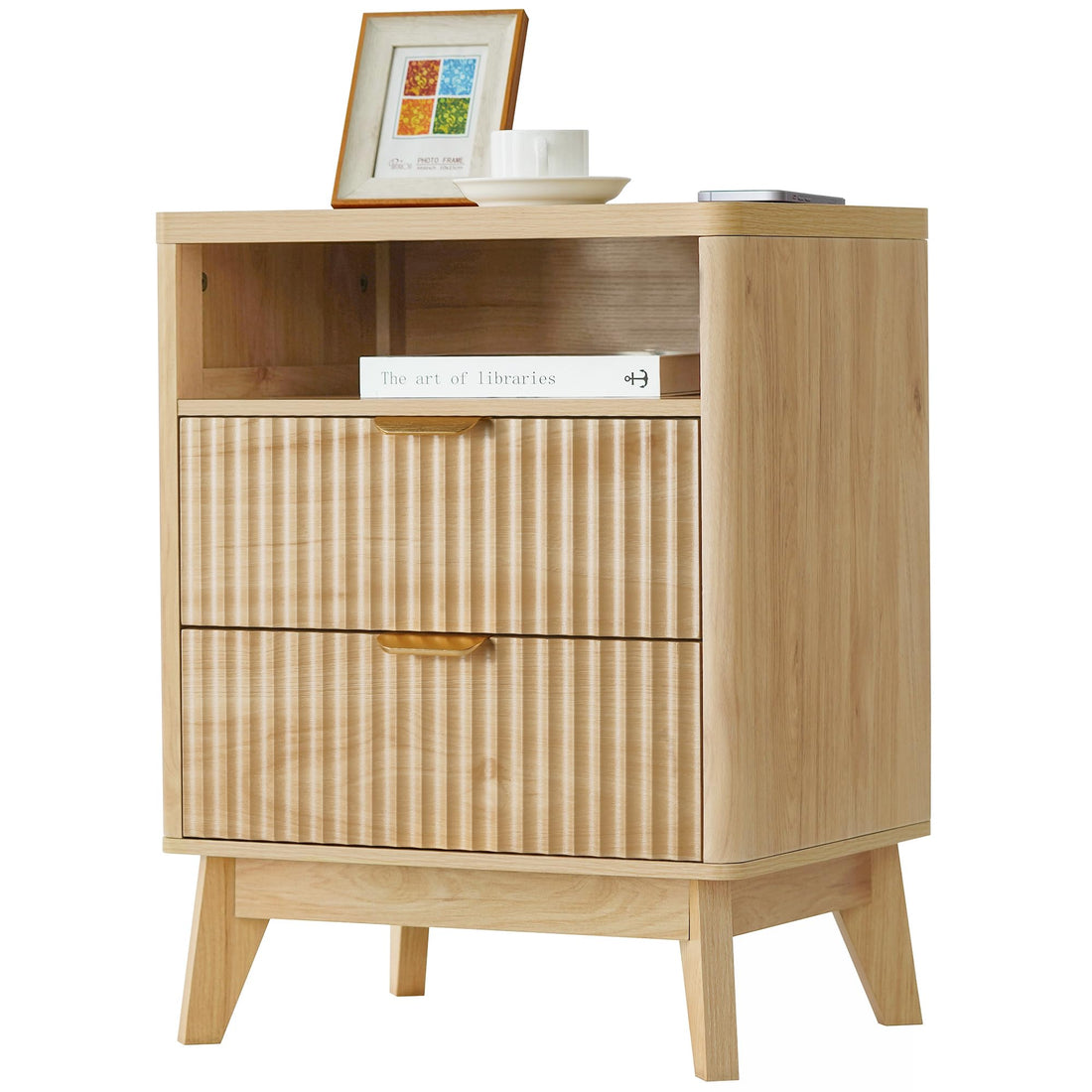 LYNCOHOME wood bedside table 2-drawer nightstand open shelf curved groove design 35x45x60cm water-resistant