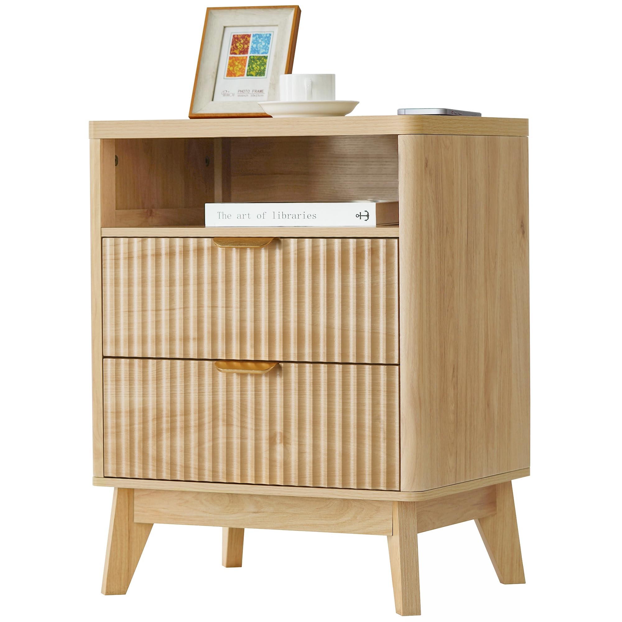 LYNCOHOME wood bedside table 2-drawer nightstand open shelf curved groove design 35x45x60cm water-resistant