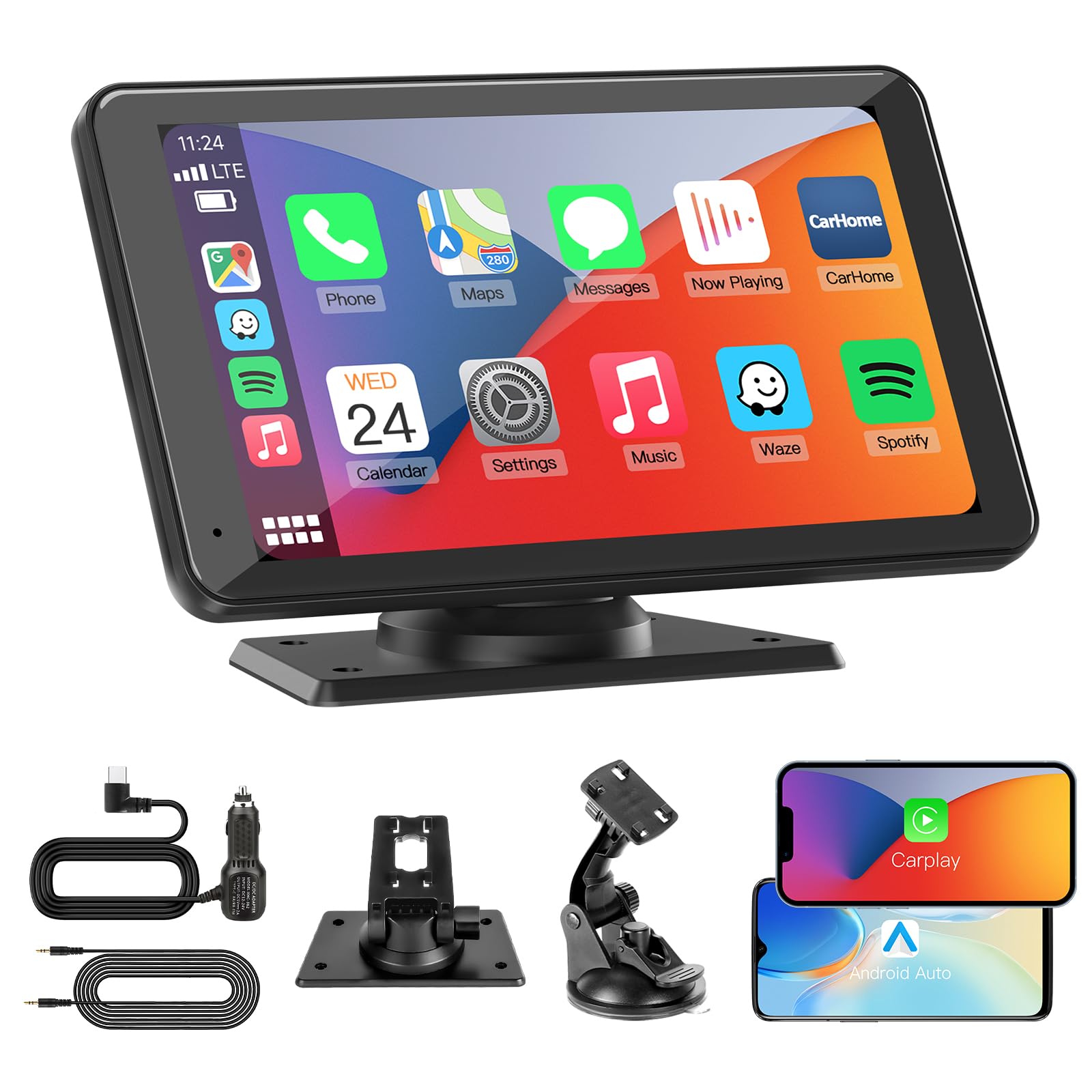 KAXRUO 7 inch Portable Wireless CarPlay and Android Auto Touchscreen Stereo – HD touchscreen car stereo with wireless CarPlay, Android Auto, Bluetooth, AUX and FM transmission, portable dashboard-free installation for any vehicle