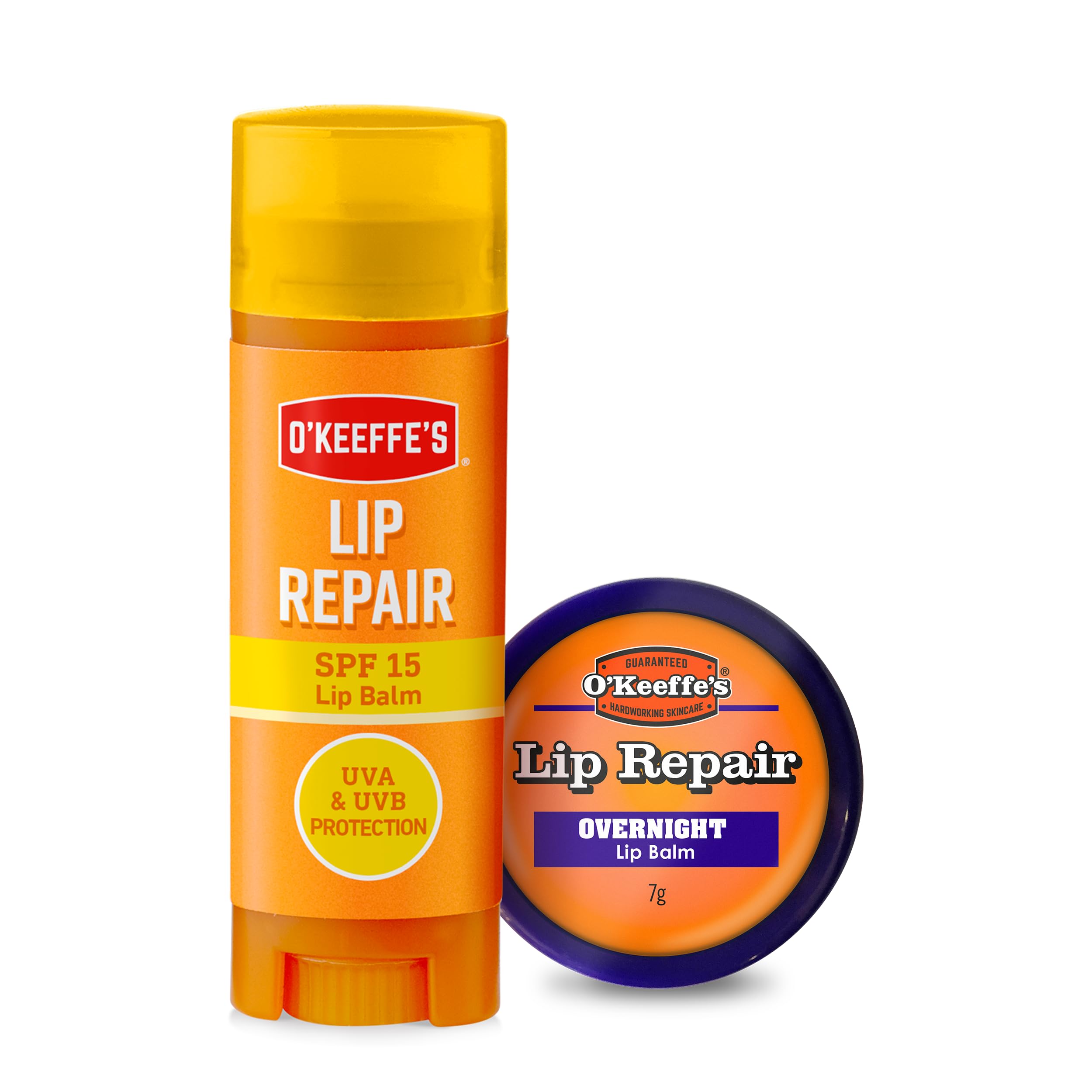 O'Keeffe's Lip Repair Balm Twin Pack — SPF 15 daytime balm 4.2g and Overnight Treatment 7g, high-performance lip repair for dry and cracked lips
